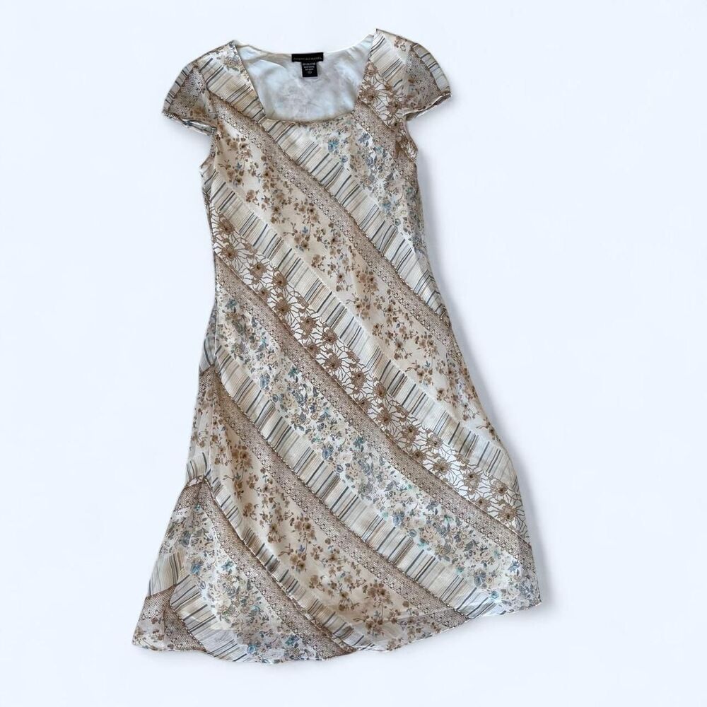 Cream & Brown Floral Midi Dress Y2K Vintage Cottage Forest Fairy Boho Chic 90's